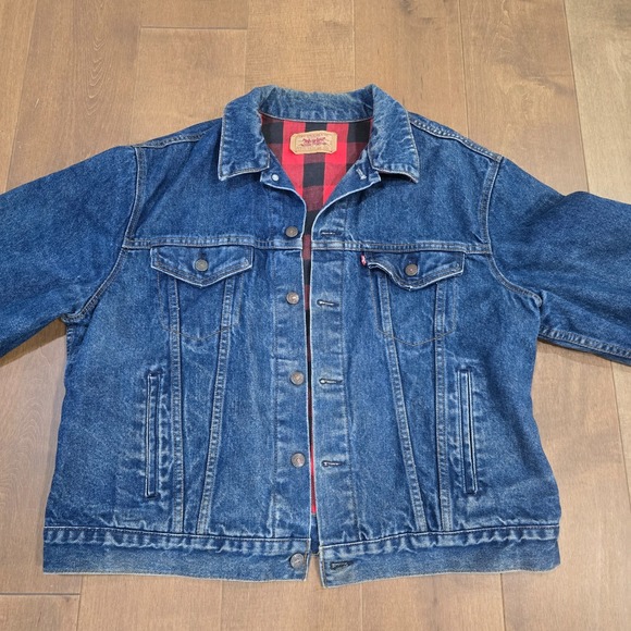 VTG 80s LEVI'S 71411 0816 Buffalo Plaid Lined Denim 48L Trucker Jacket USA - Picture 2 of 16